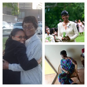 3 picture collage of woman and one with two women hugging